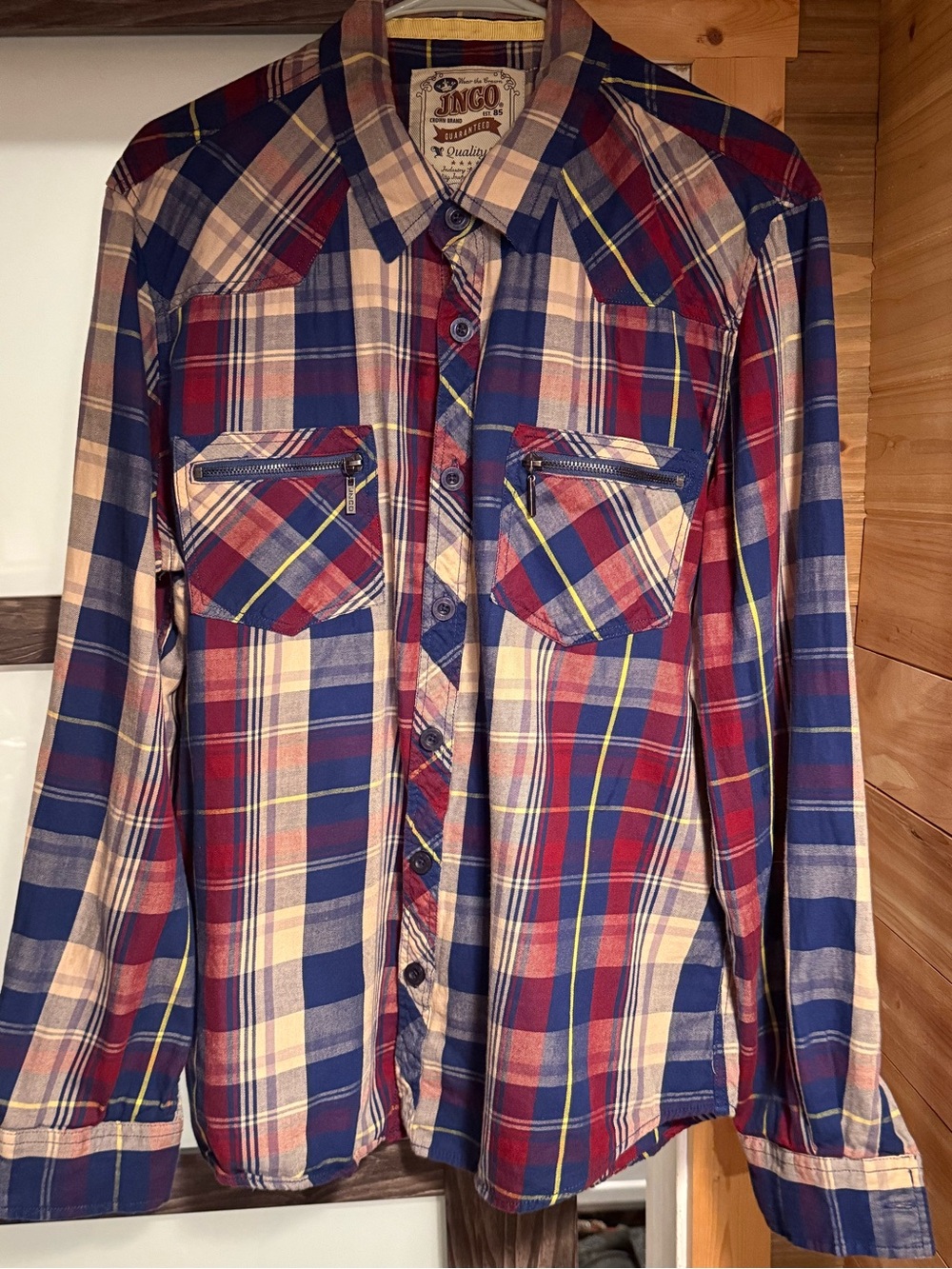 JNCO Plaid Button-Down Shirt in Blue, Red, Tan - Picture 2 of 7